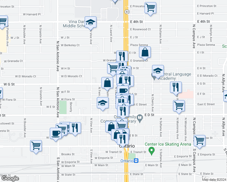 map of restaurants, bars, coffee shops, grocery stores, and more near 615 North Laurel Avenue in Ontario