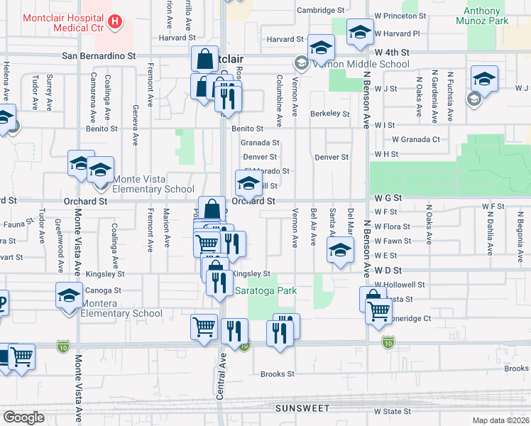 map of restaurants, bars, coffee shops, grocery stores, and more near 10160 Saratoga Avenue in Montclair