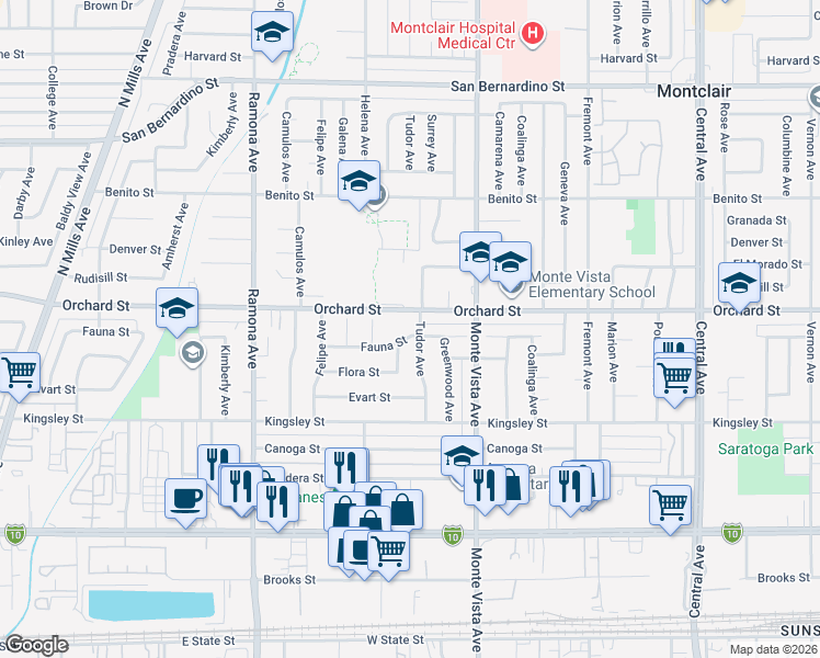 map of restaurants, bars, coffee shops, grocery stores, and more near 4805 Fauna Street in Montclair