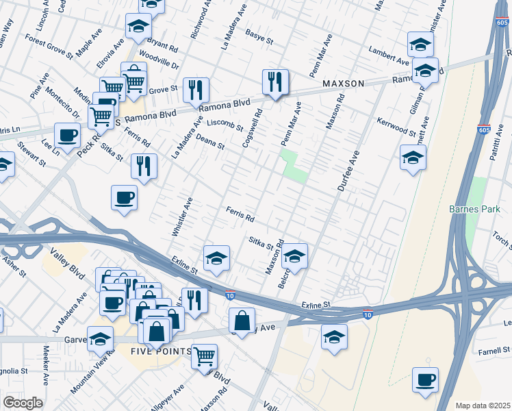 map of restaurants, bars, coffee shops, grocery stores, and more near 12043 Ferris Road in El Monte