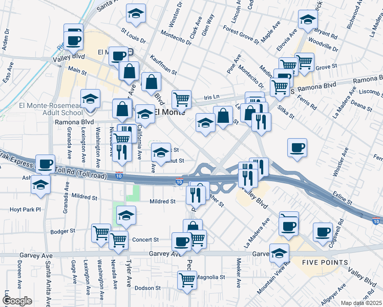 map of restaurants, bars, coffee shops, grocery stores, and more near in El Monte