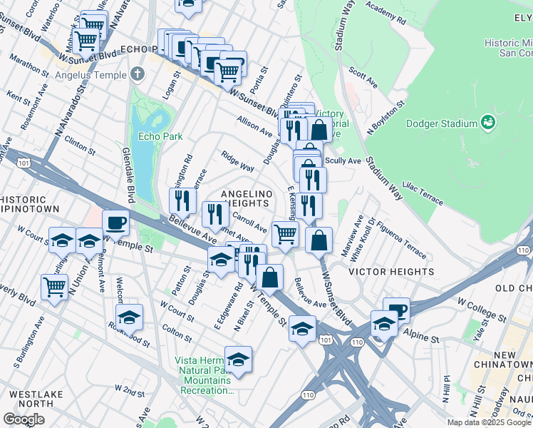 map of restaurants, bars, coffee shops, grocery stores, and more near 1329 Carroll Avenue in Los Angeles