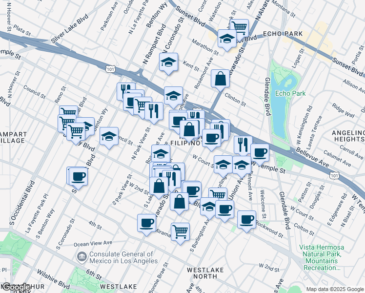 map of restaurants, bars, coffee shops, grocery stores, and more near in Los Angeles