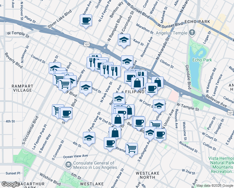 map of restaurants, bars, coffee shops, grocery stores, and more near 201 Rosemont Avenue in Los Angeles