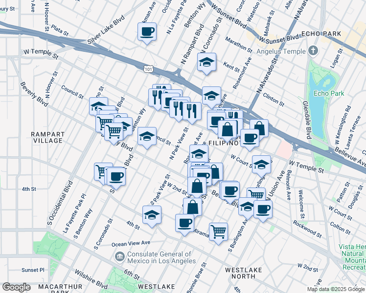 map of restaurants, bars, coffee shops, grocery stores, and more near 201 Rosemont Avenue in Los Angeles