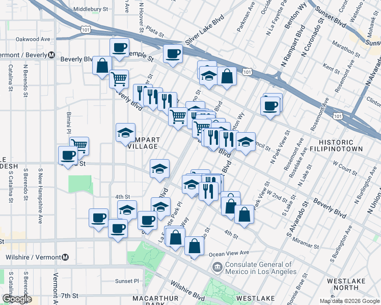 map of restaurants, bars, coffee shops, grocery stores, and more near 145 South Occidental Boulevard in Los Angeles