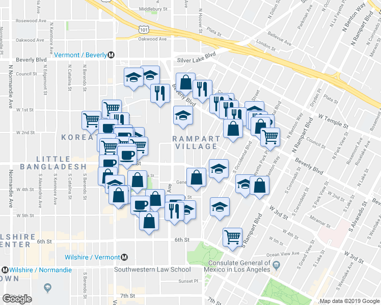 map of restaurants, bars, coffee shops, grocery stores, and more near in Los Angeles