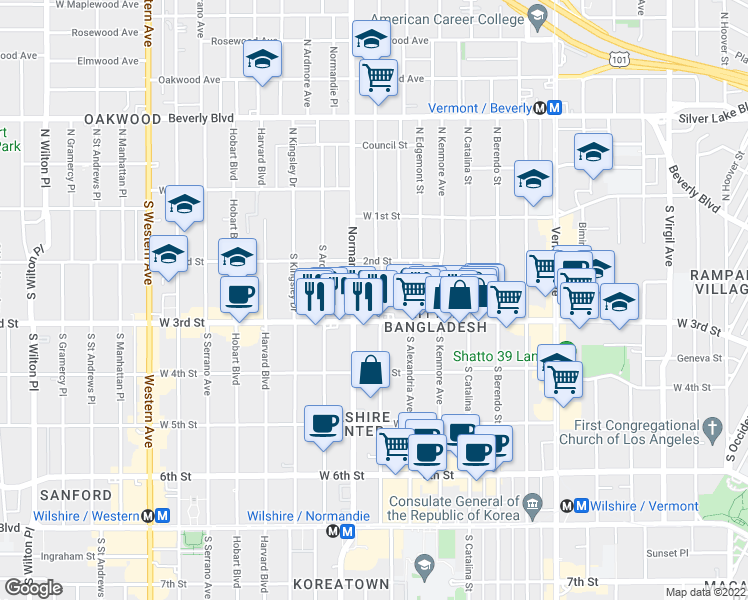 map of restaurants, bars, coffee shops, grocery stores, and more near 260 South Mariposa Avenue in Los Angeles
