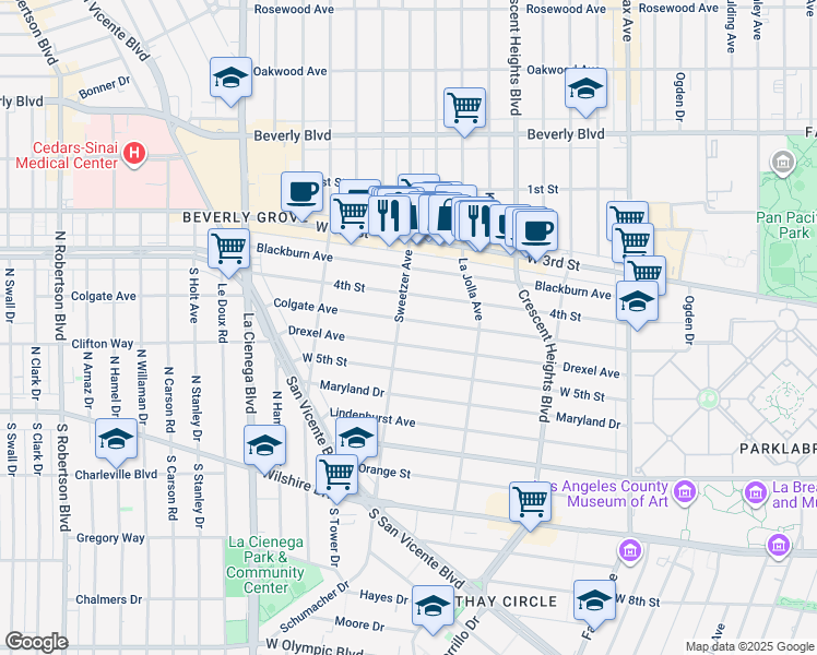 map of restaurants, bars, coffee shops, grocery stores, and more near 6507 Drexel Avenue in Los Angeles