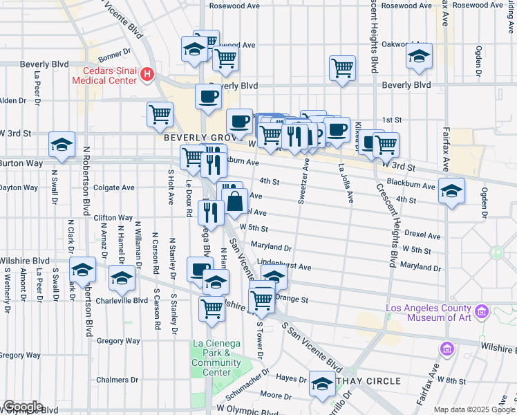 map of restaurants, bars, coffee shops, grocery stores, and more near 6657 Drexel Avenue in West Hollywood