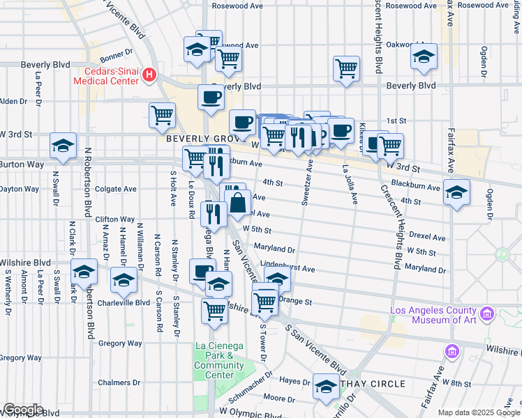 map of restaurants, bars, coffee shops, grocery stores, and more near 6657 Drexel Avenue in West Hollywood