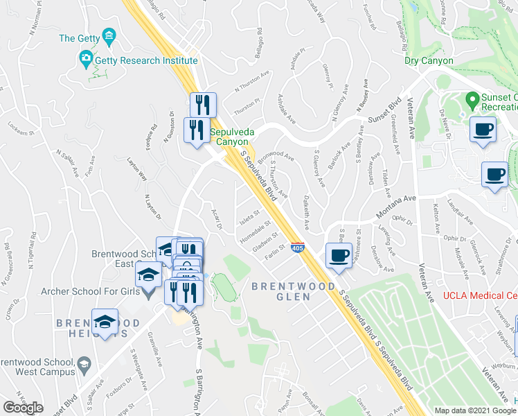 map of restaurants, bars, coffee shops, grocery stores, and more near 11331 Isleta Street in Los Angeles