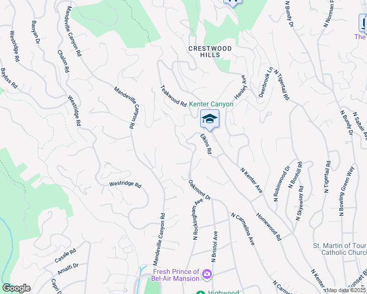 map of restaurants, bars, coffee shops, grocery stores, and more near 75 Oakmont Drive in Los Angeles