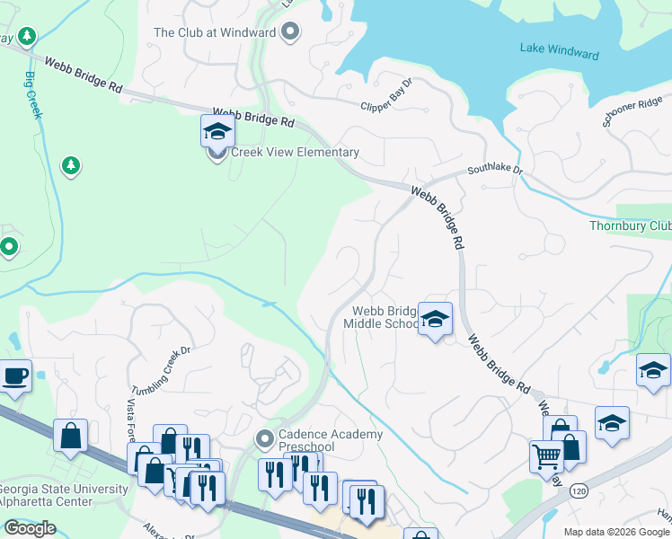 map of restaurants, bars, coffee shops, grocery stores, and more near 3600 Goldenrod Drive in Alpharetta