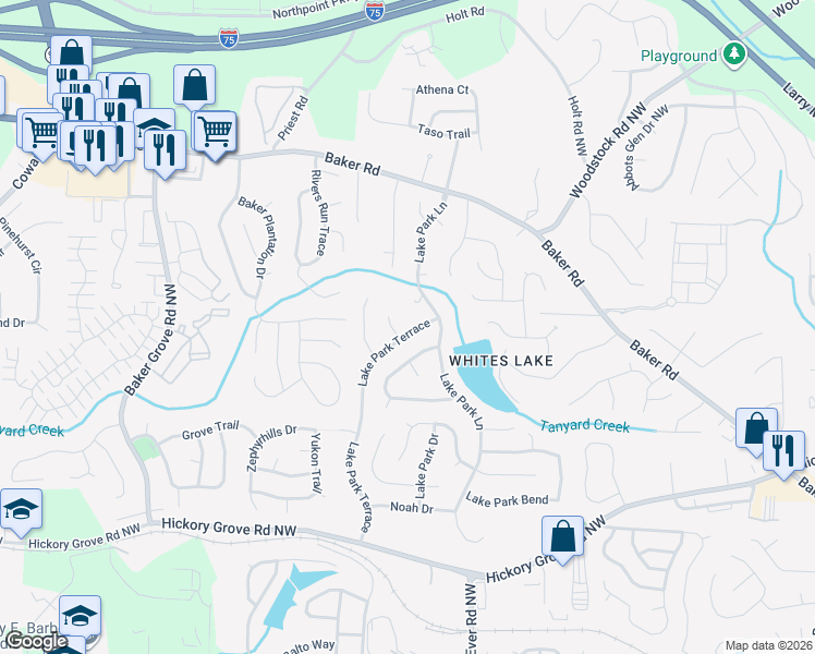 map of restaurants, bars, coffee shops, grocery stores, and more near 4856 Lake Park Terrace in Acworth
