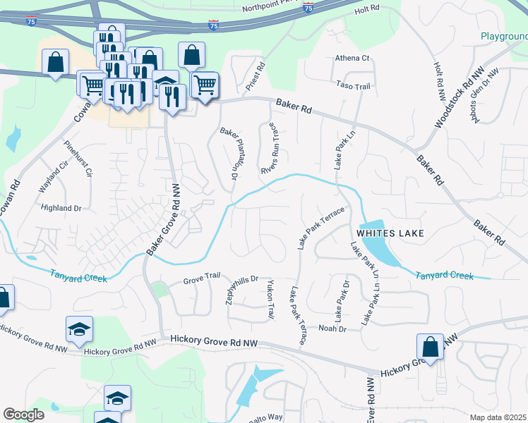 map of restaurants, bars, coffee shops, grocery stores, and more near 3164 Parfait Place in Acworth