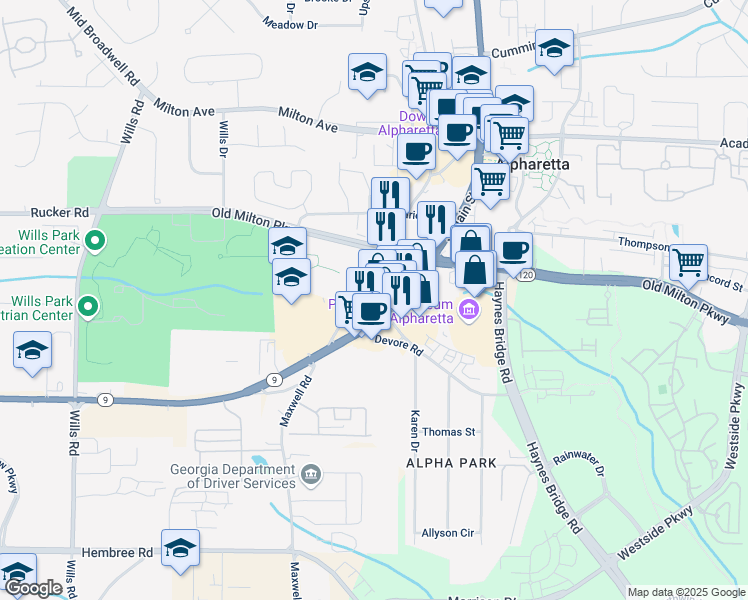 map of restaurants, bars, coffee shops, grocery stores, and more near 405 Mayfair Court in Alpharetta