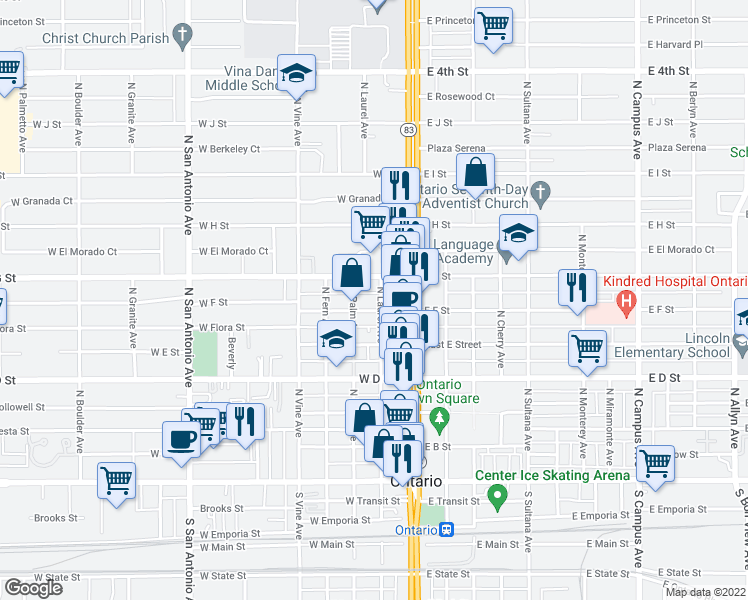 map of restaurants, bars, coffee shops, grocery stores, and more near 204 West F Street in Ontario