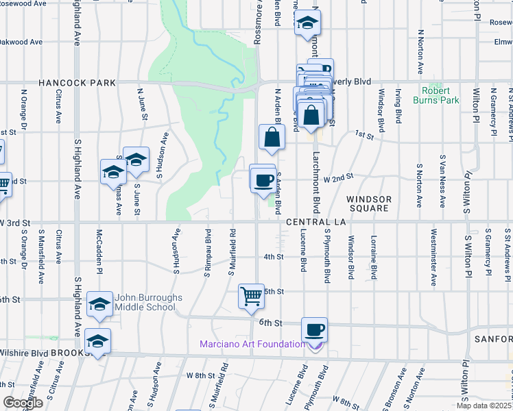 map of restaurants, bars, coffee shops, grocery stores, and more near 250 South Rossmore Avenue in Los Angeles