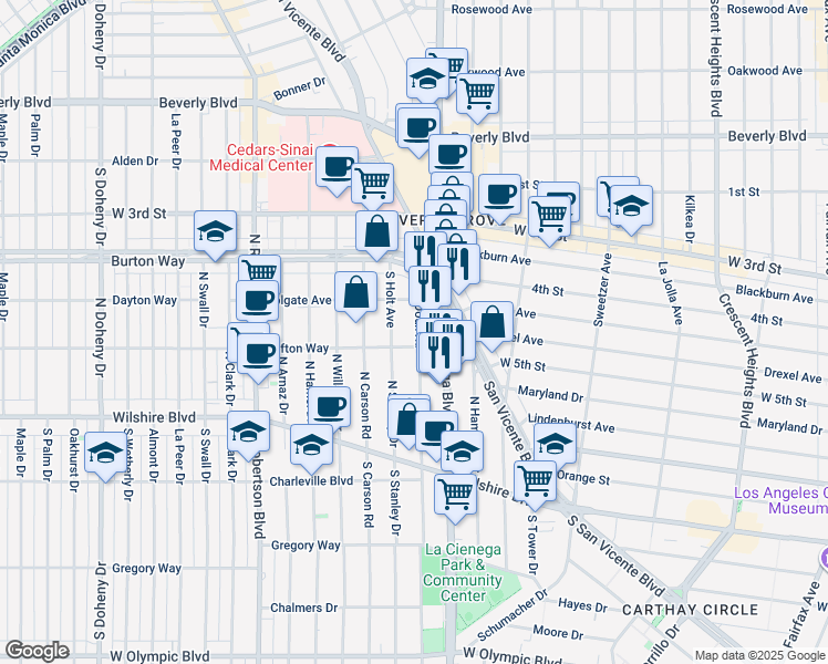 map of restaurants, bars, coffee shops, grocery stores, and more near 465 Le Doux Road in Los Angeles