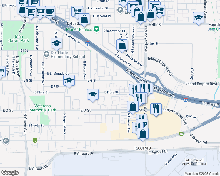 map of restaurants, bars, coffee shops, grocery stores, and more near 1714 East G Street in Ontario