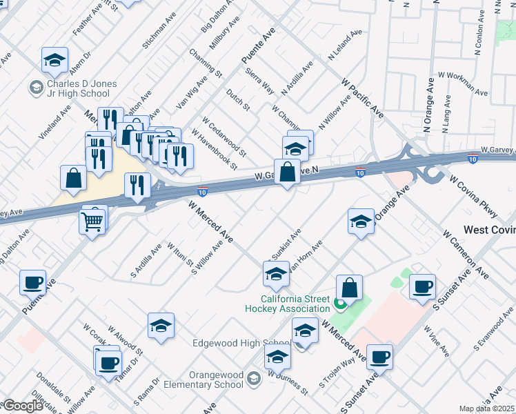map of restaurants, bars, coffee shops, grocery stores, and more near 1048 South Willow Avenue in West Covina