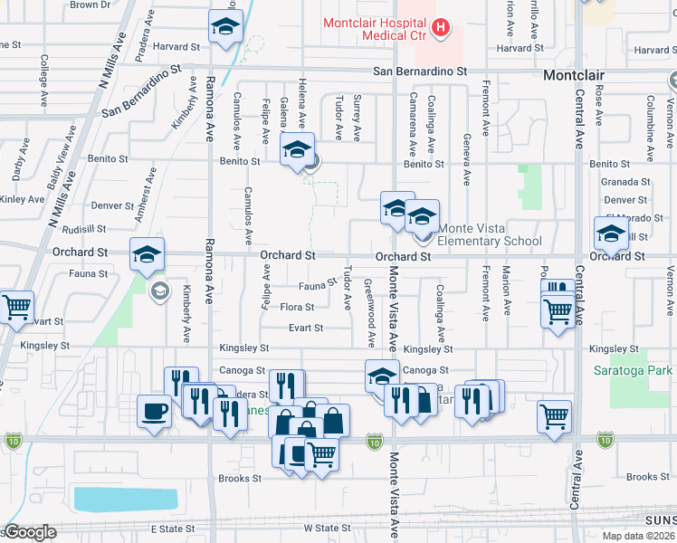 map of restaurants, bars, coffee shops, grocery stores, and more near 4805 Fauna Street in Montclair