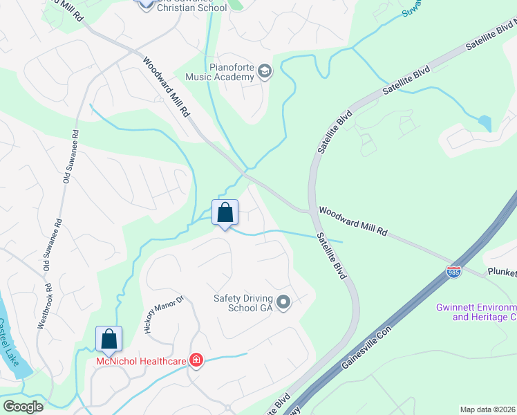 map of restaurants, bars, coffee shops, grocery stores, and more near Roxwood Park Drive Northeast in Suwanee
