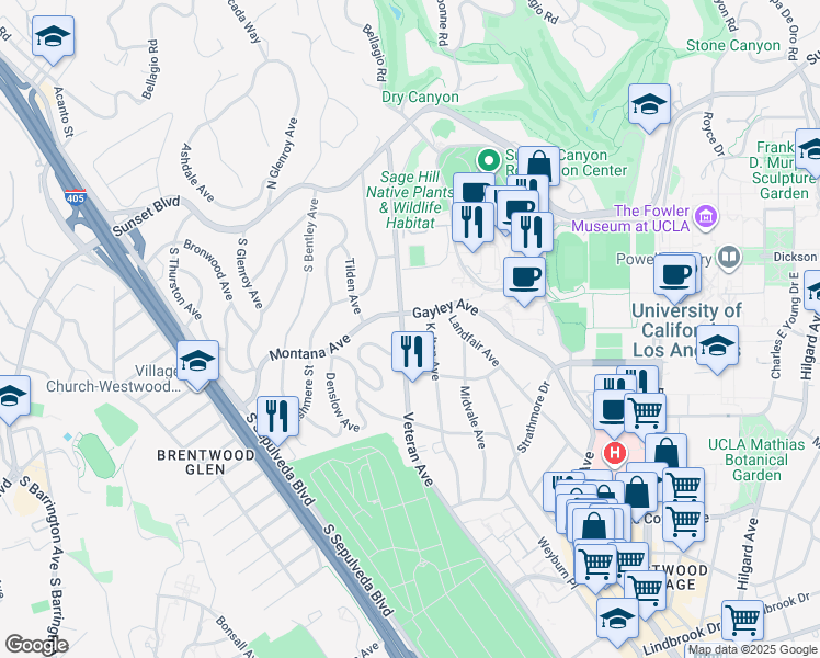 map of restaurants, bars, coffee shops, grocery stores, and more near 410 Veteran Avenue in Los Angeles