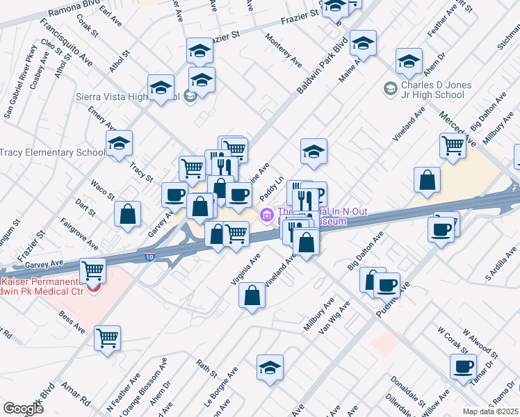map of restaurants, bars, coffee shops, grocery stores, and more near 3102 Paddy Lane in Baldwin Park