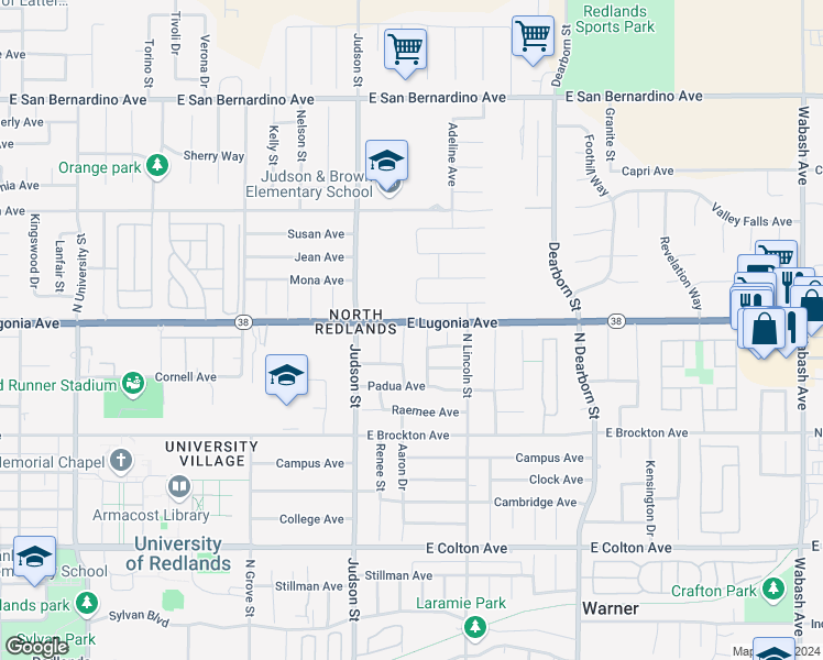 map of restaurants, bars, coffee shops, grocery stores, and more near 1248 Placer Street in Redlands