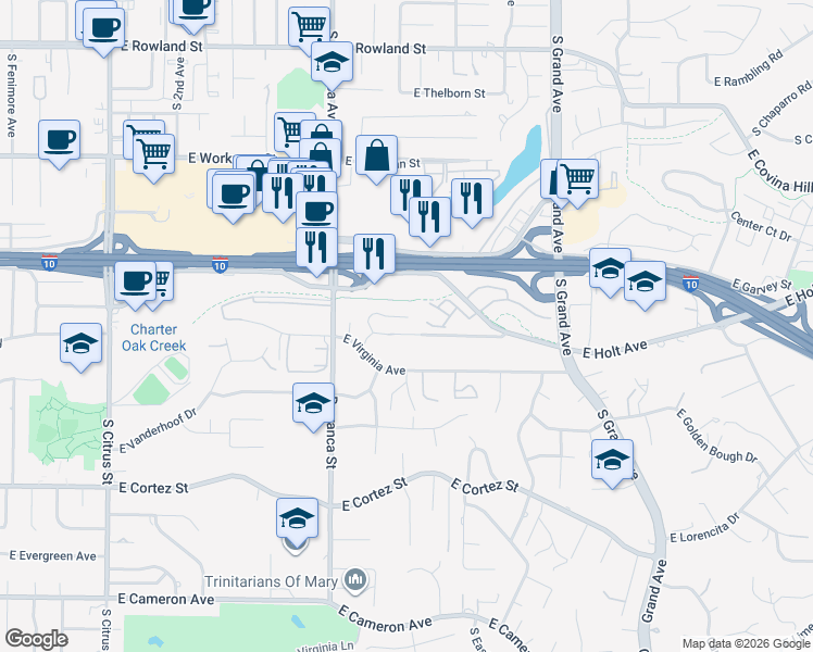 map of restaurants, bars, coffee shops, grocery stores, and more near 3058 Oak Knoll Drive in West Covina