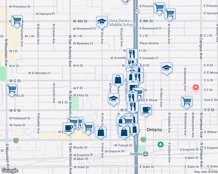 map of restaurants, bars, coffee shops, grocery stores, and more near 611 North Fern Avenue in Ontario