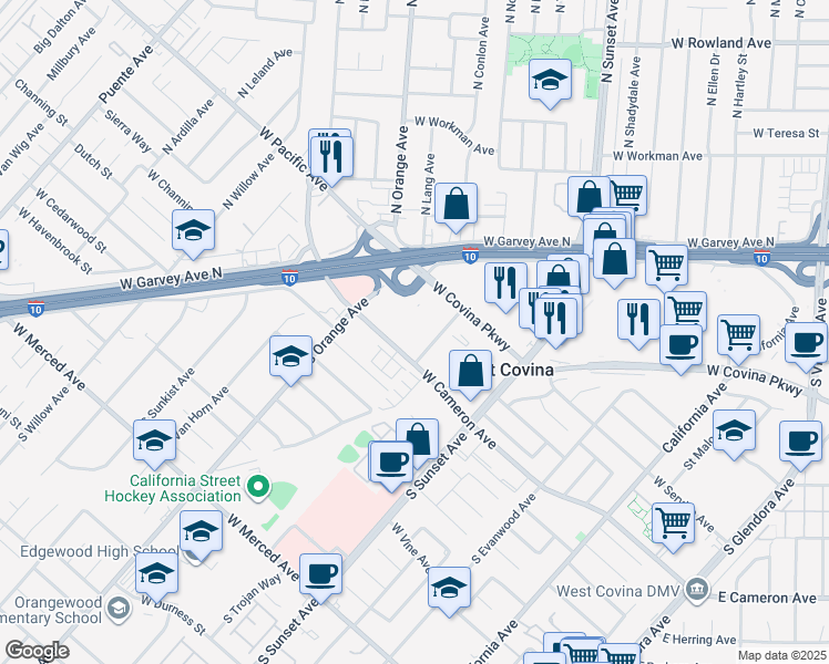 map of restaurants, bars, coffee shops, grocery stores, and more near 728 South Orange Avenue in West Covina