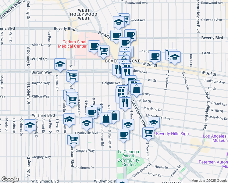 map of restaurants, bars, coffee shops, grocery stores, and more near 465 Le Doux Road in Los Angeles