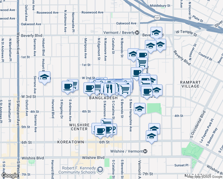 map of restaurants, bars, coffee shops, grocery stores, and more near 235 South Catalina Street in Los Angeles