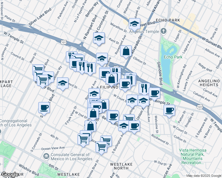 map of restaurants, bars, coffee shops, grocery stores, and more near 315 North Alvarado Street in Los Angeles