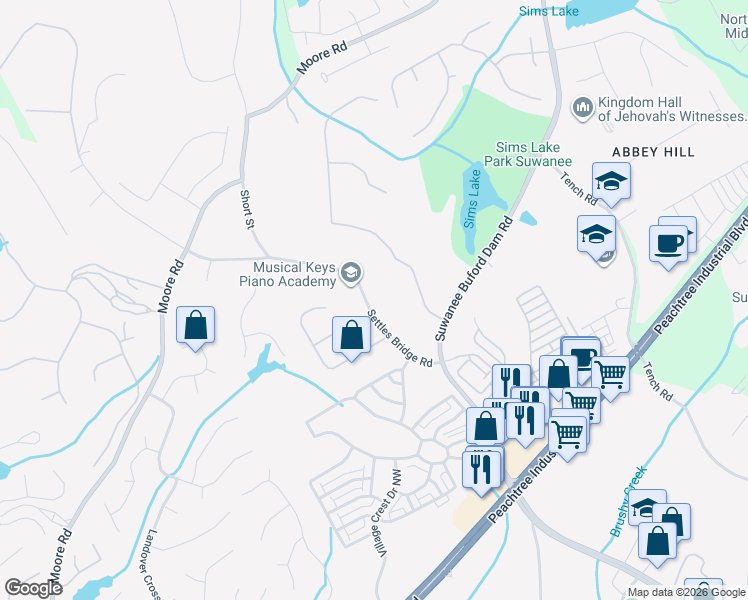 map of restaurants, bars, coffee shops, grocery stores, and more near 4485 Settles Bridge Road in Suwanee