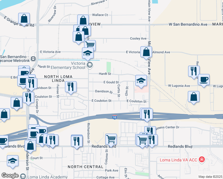map of restaurants, bars, coffee shops, grocery stores, and more near 1794 Davidson Street in Loma Linda