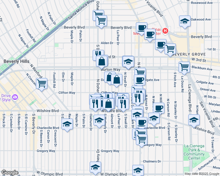 map of restaurants, bars, coffee shops, grocery stores, and more near 231 North La Peer Drive in Beverly Hills