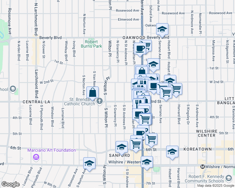 map of restaurants, bars, coffee shops, grocery stores, and more near 244 South Gramercy Place in Los Angeles