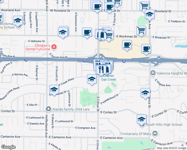 map of restaurants, bars, coffee shops, grocery stores, and more near 2537 East Walnut Creek Parkway in West Covina
