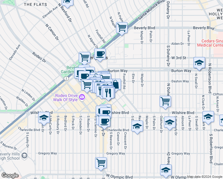 map of restaurants, bars, coffee shops, grocery stores, and more near 262 North Crescent Drive in Beverly Hills