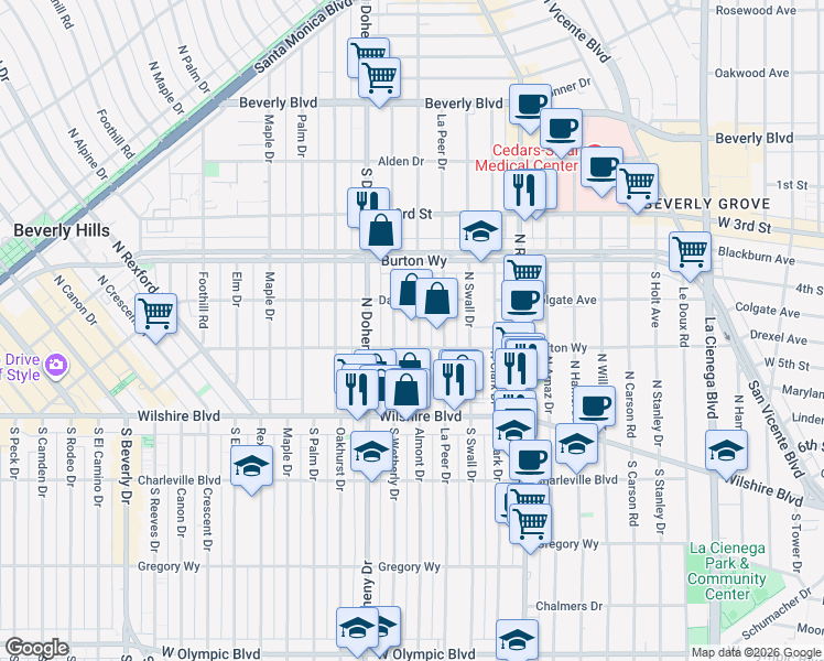 map of restaurants, bars, coffee shops, grocery stores, and more near 200 North Almont Drive in Beverly Hills