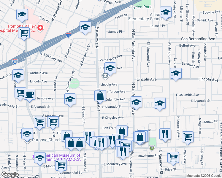 map of restaurants, bars, coffee shops, grocery stores, and more near 659 East Jefferson Avenue in Pomona
