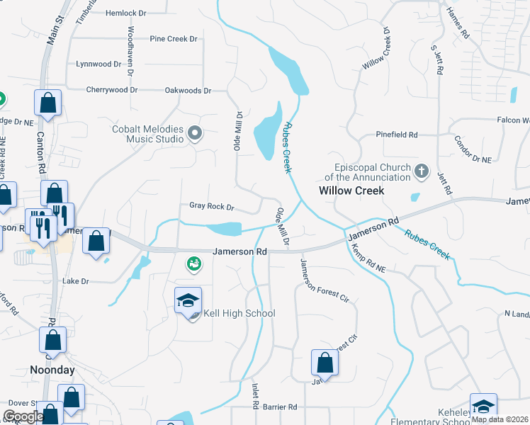 map of restaurants, bars, coffee shops, grocery stores, and more near 1366 Gray Rock Drive in Marietta
