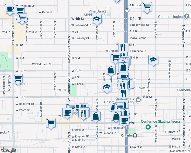 map of restaurants, bars, coffee shops, grocery stores, and more near in Ontario