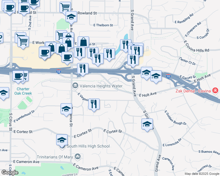 map of restaurants, bars, coffee shops, grocery stores, and more near 3264 East Holt Avenue in West Covina