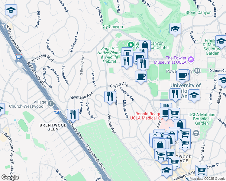 map of restaurants, bars, coffee shops, grocery stores, and more near 411 Kelton Avenue in Los Angeles