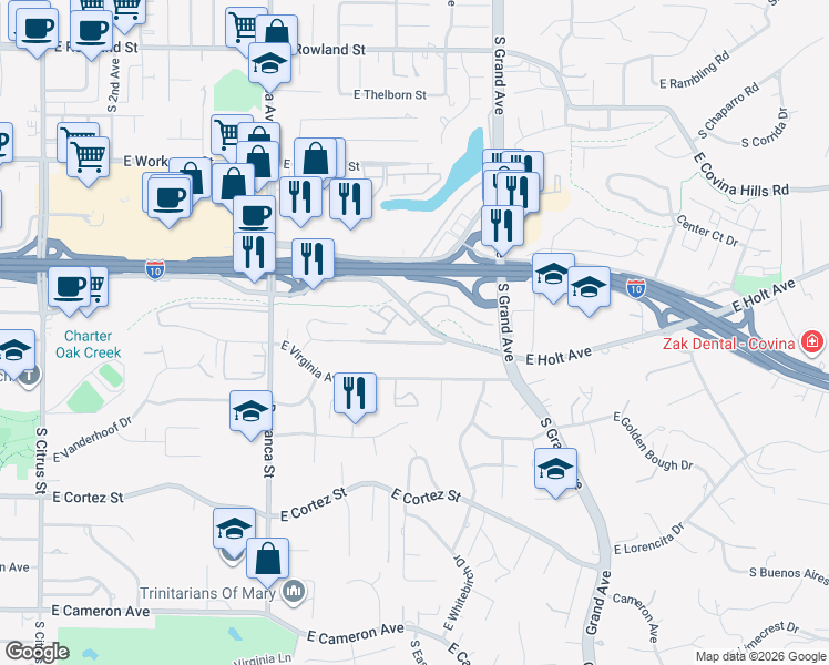 map of restaurants, bars, coffee shops, grocery stores, and more near 3264 East Holt Avenue in West Covina